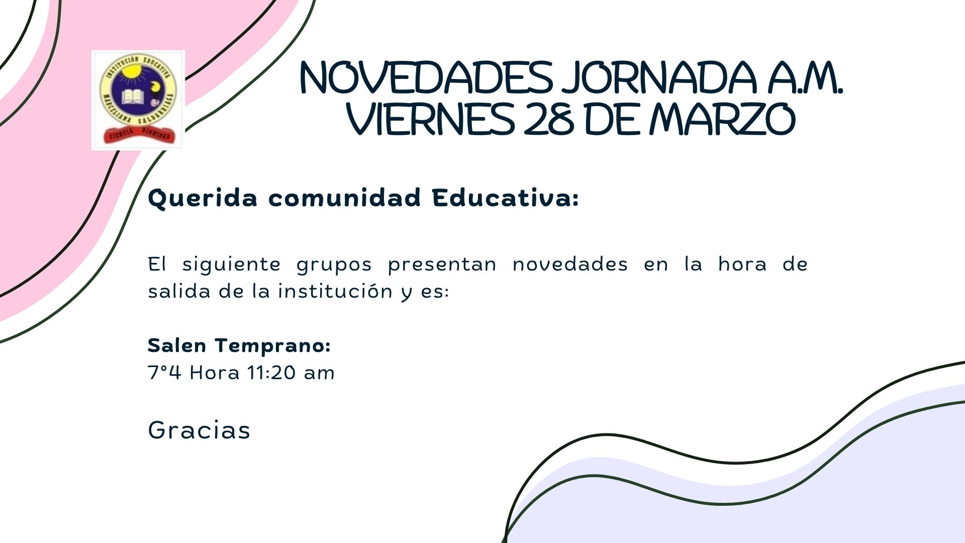 Novedades Jornada A.M viernes 28 de marzo